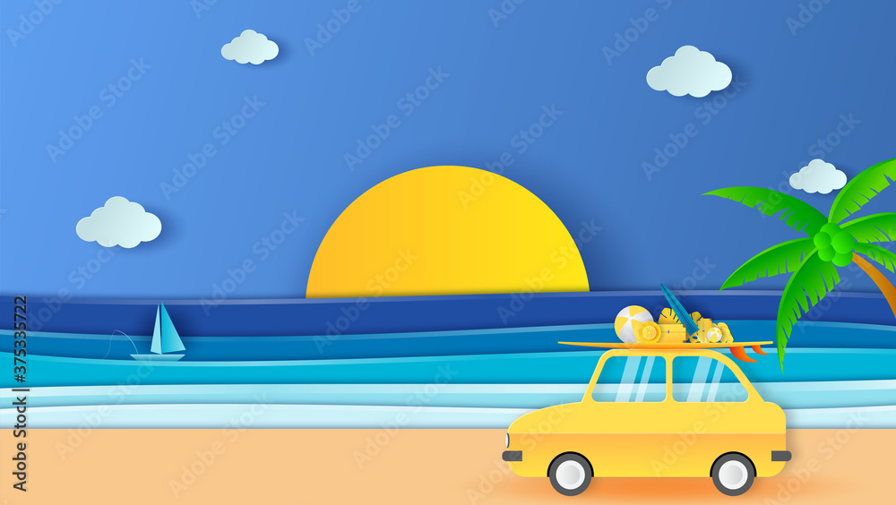 Sea view in summer. A small retro car with trunk on the roof, fully packed and ready for summer vacation. Blue sea view. Sea ​​by shore. Paper cut and craft style. Vector illustration.