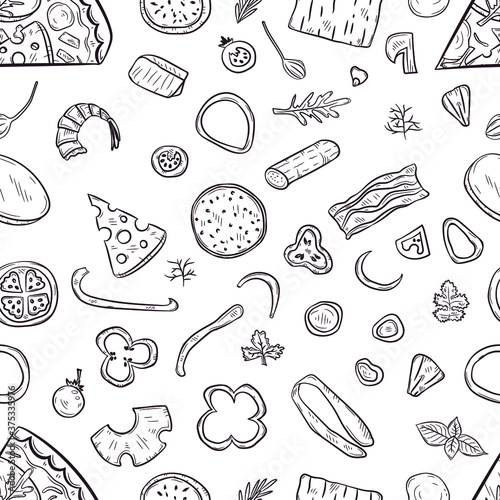 Vector seamless pattern with hand drawn pizza and pizza igridients