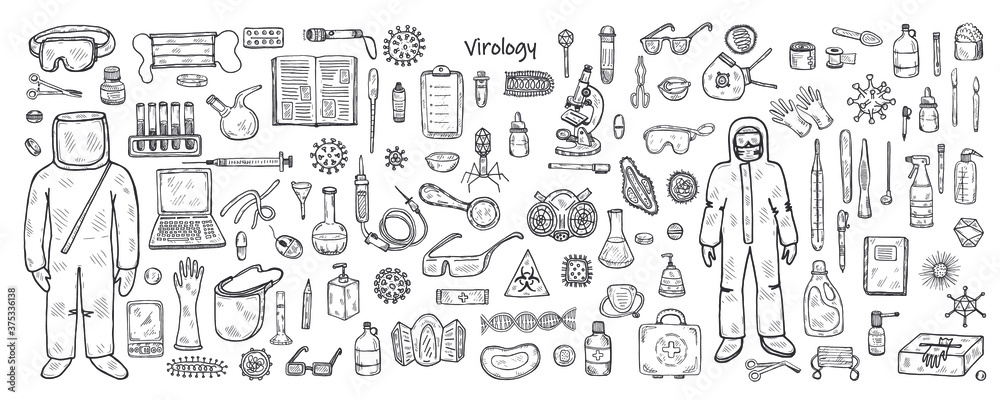 Banner with hand drawn virolory icons and other elemets. Science collection. Vector doolle illustration Banner with hand drawn virolory icons and other elemets. Science collection. Vector doolle illustration