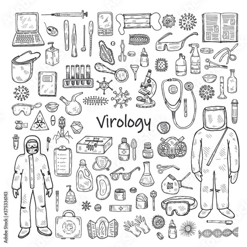 Set with hand drawn virolory icons and other elemets. Science collection. Vector doolle illustration