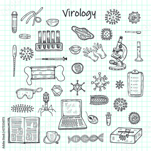 Set with hand drawn virolory icons and other elemets. Science collection. Vector doolle illustration