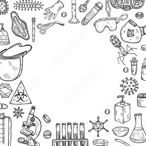 Card template with hand drawn virolory icons and other elemets. Science collection. Vector  illustration