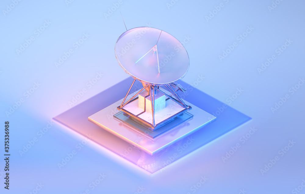 3D isometric illustration of radio telescope, radar dish isolated, color background. Radio astronomy, astrophysics science space exploration equipment, telecommunication networking technology concept 3D isometric illustration of radio telescope, radar dish isolated, color background. Radio astronomy, astrophysics science space exploration equipment, telecommunication networking technology concept
