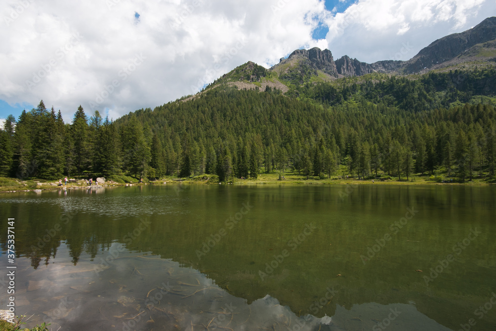 Beautiful view of San Pellegrino lake in the homonym pass in Val di Fassa, Trentino Alto-Adige, Italy