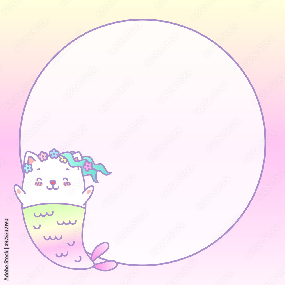 Kawaii notebook page template. Illustration of a little cat mermaid on a pastel gradient background with circle place for text. Vector 10 ESP.