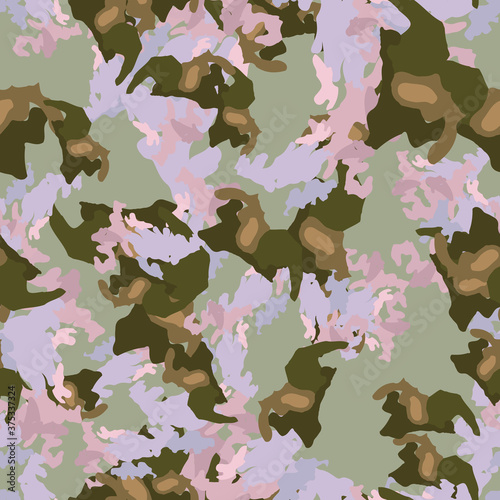 Forest camouflage of various shades of violet, pink and green colors