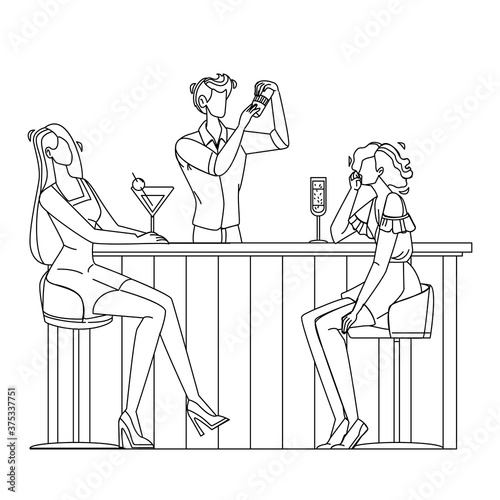 Barman Making Alcoholic Cocktail For Women Vector