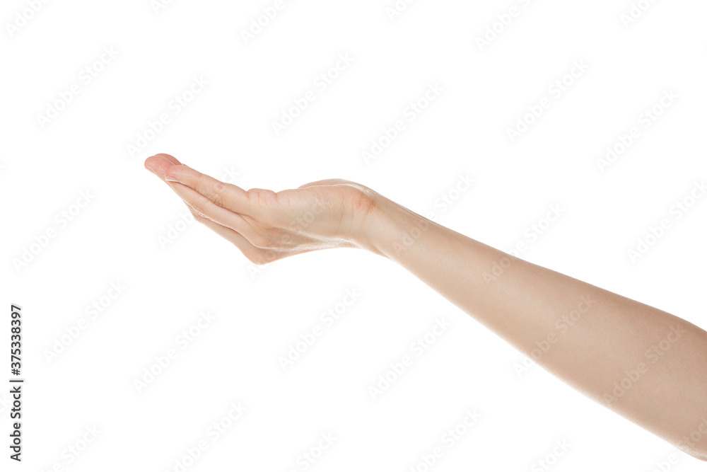 a woman's hand holding her palm up. a woman's hand holding her palm up.