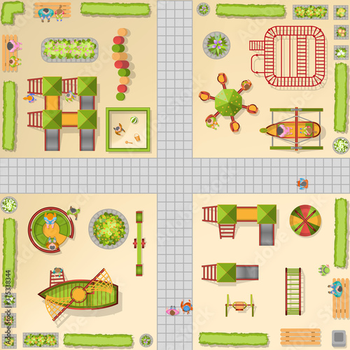 Kindergarten or kids playground in city park. Top view. Kids playground with playing equipment. View from above.