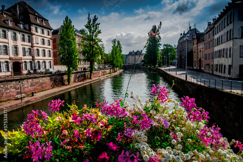 Flowers on a bridge over the river Ill in Strasbourg, France