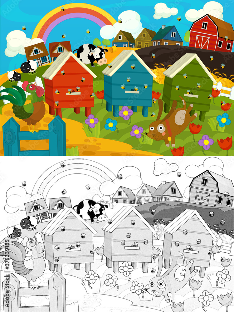 cartoon farm ranch scene with happy animals illustration for children