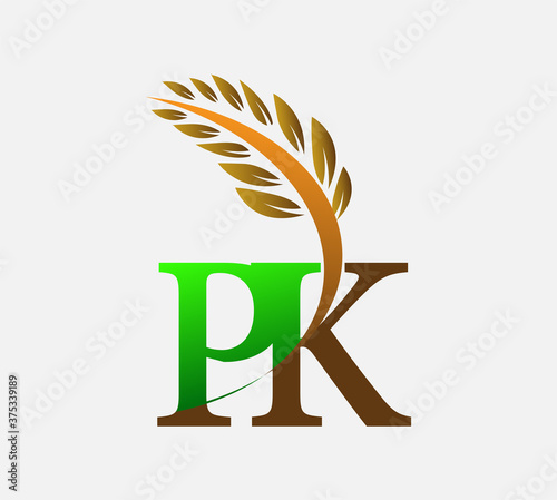initial letter logo PK, Agriculture wheat Logo Template vector icon design colored green and brown.