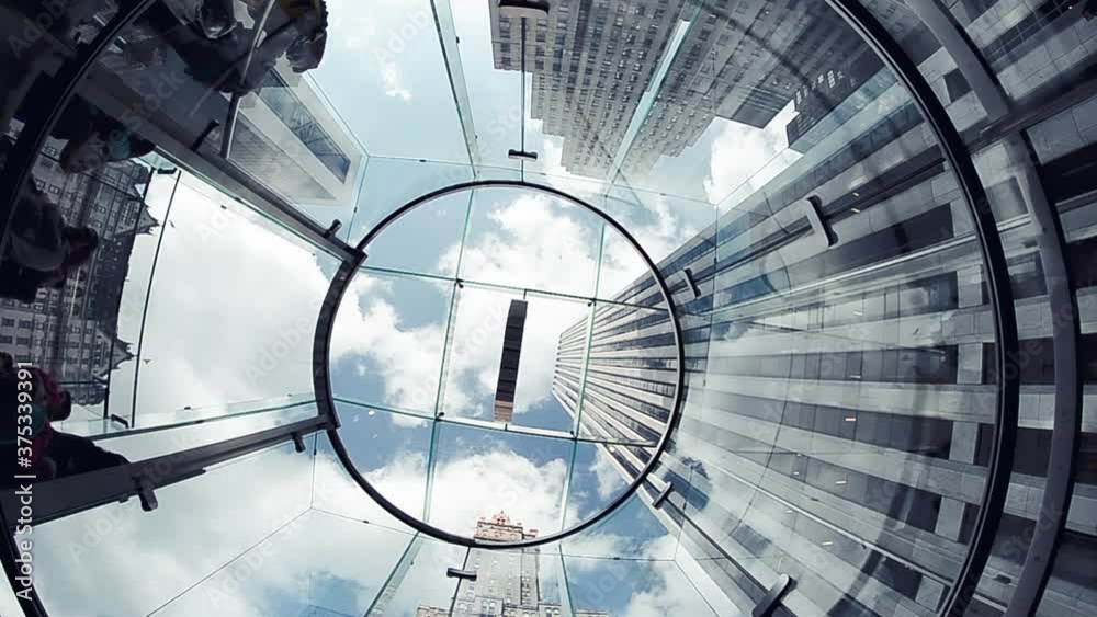 People steps, upward view of a modern staircase. Slow motion