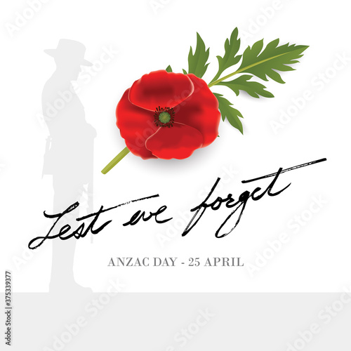 Anzac Day Banner with silhouette of soldier paying tribute and poppy flower, Vector