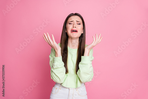 Фотография Photo of depressed lady long hairdo disappointed crying desperate raise arms unf