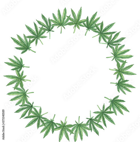 Watercolor cannabis wreath  round frame with green leaves
