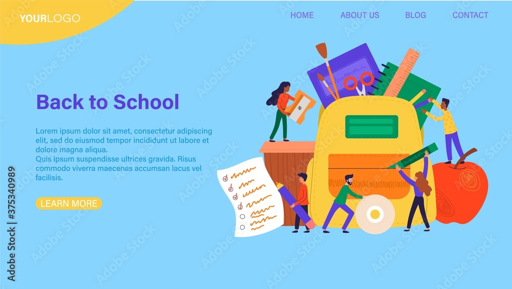 Back To School concept with group of diverse kids using an array of educational accessories, colored vector illustration web page template