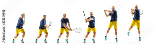 Jumping. Young caucasian professional sportsman playing tennis on white background, collage, motion of ball's hit in dymanic. Power and energy. Movement, ad, sport, healthy lifestyle concept. Artwork. © master1305