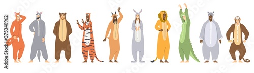 Set of Kigurumi or animal onesies for kids showing ten different outfits, colored vector illustration on white