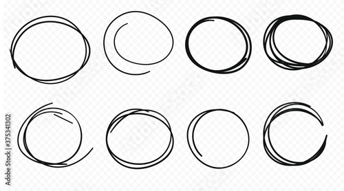 Hand drawn circle line sketch set. Vector circular scribble doodle round circles for message note mark design element. Pencil or pen graffiti bubble or ball draft illustration.