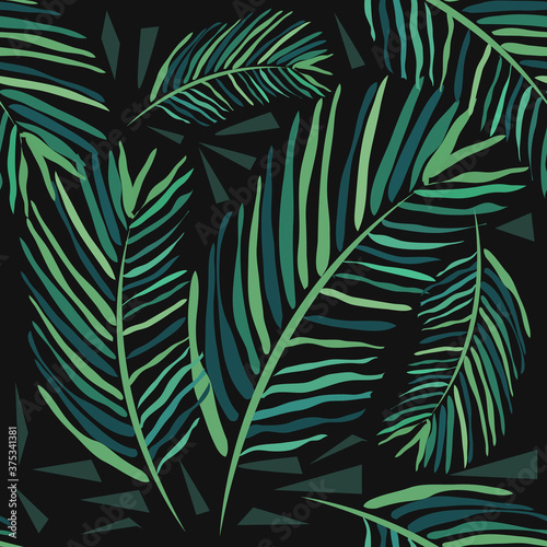 Seamless pattern with tropical leaves on a dark background. Palm trees and monstera. Hand-drawn watercolor background.