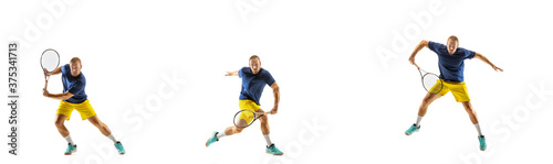 Aspiration. Young caucasian professional sportsman playing tennis on white background, collage, motion of ball's hit in dymanic. Power and energy. Movement, ad, sport, healthy lifestyle concept