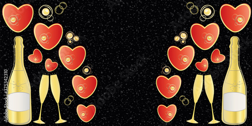 Champagne and red hearts vector border with space for copy. Gold bottles, glasses and love symbols on textured black granite stone backdrop. Elegant banner for engagement, Valentine celebration