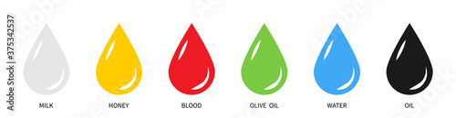Drops. Set of different liquid. Drops vector icons of milk, honey, blood, olive oil, water and oil. Drop in modern flat design, isolated. Vector illustration