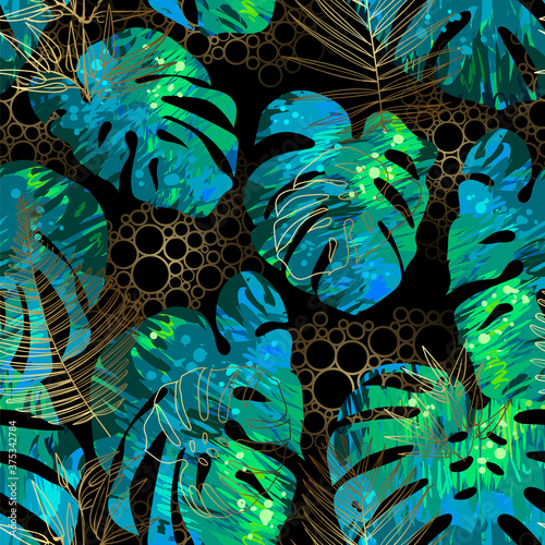 golden and green tropical leaves on a white background. Seamless pattern in the style of Jungalow and Hawaii. Botanical background