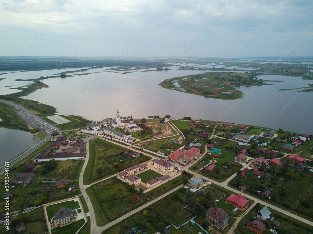 Drone view of the city of Sviyazhsk island, the monastery on it, the river and the surrounding Islands. Tatarstan. Russia.