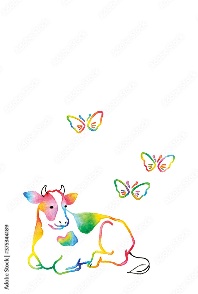 虹色で描かれた伏せウシと蝶