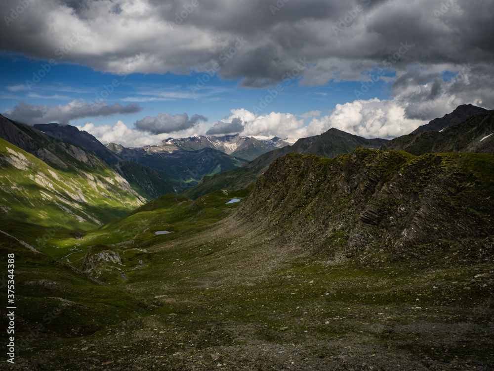 Great views to the peaks, valleys and glaciers of the Austrian Alps, Hohe Tauern park. Charming and beautiful scene, full of dark clouds and peace in soul, near Kals am Grossglockner, Austria, Europe.