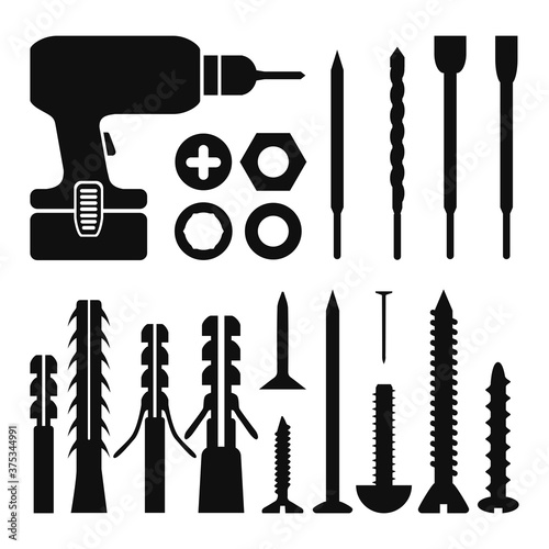 Set of screwdrivers and self-tapping screws. Construction tools and a set of fasteners. Items for construction and carpentry.