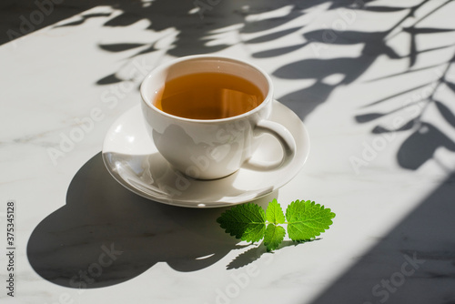 Cup of herbal mint tea at marble table