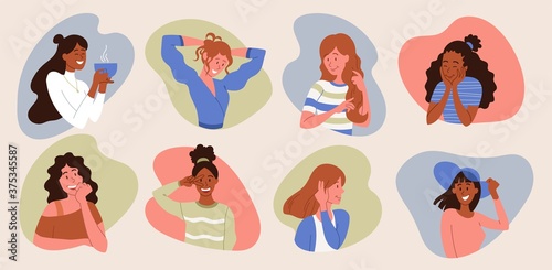 Set of 8 different cute little girl poses with her hands to her hair and face, wearing a sunhat and drinking coffee, colored vector illustration