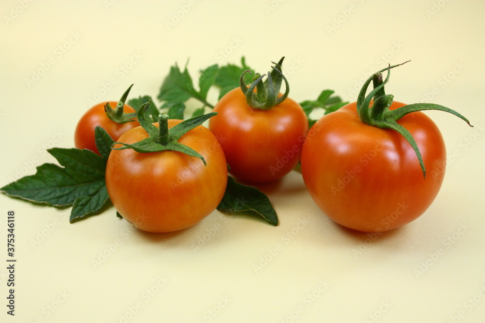 Nahaufnahme von reifen Tomaten mit grünem Blatt auf gelbem Hintergrund bei Kunstlicht Nahaufnahme von reifen Tomaten mit grünem Blatt auf gelbem Hintergrund bei Kunstlicht