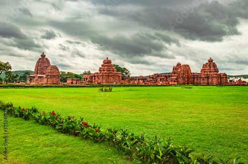 pattadakal temple complex breathtaking stone art from different angle with amazing sky photo