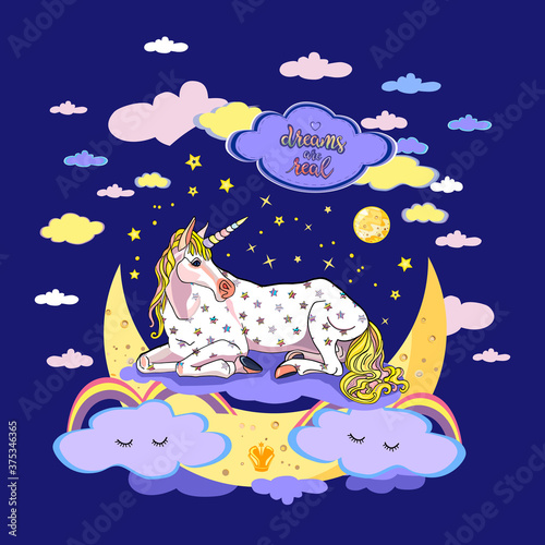 Beautiful lying unicorn with crescent, clouds, stars, rainbows isolated on the blue background. Vector illustration
