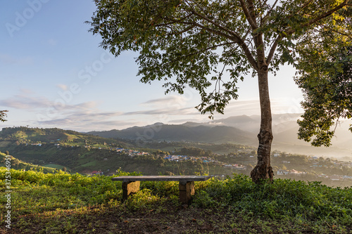 View of empty bench under tree on village mountain