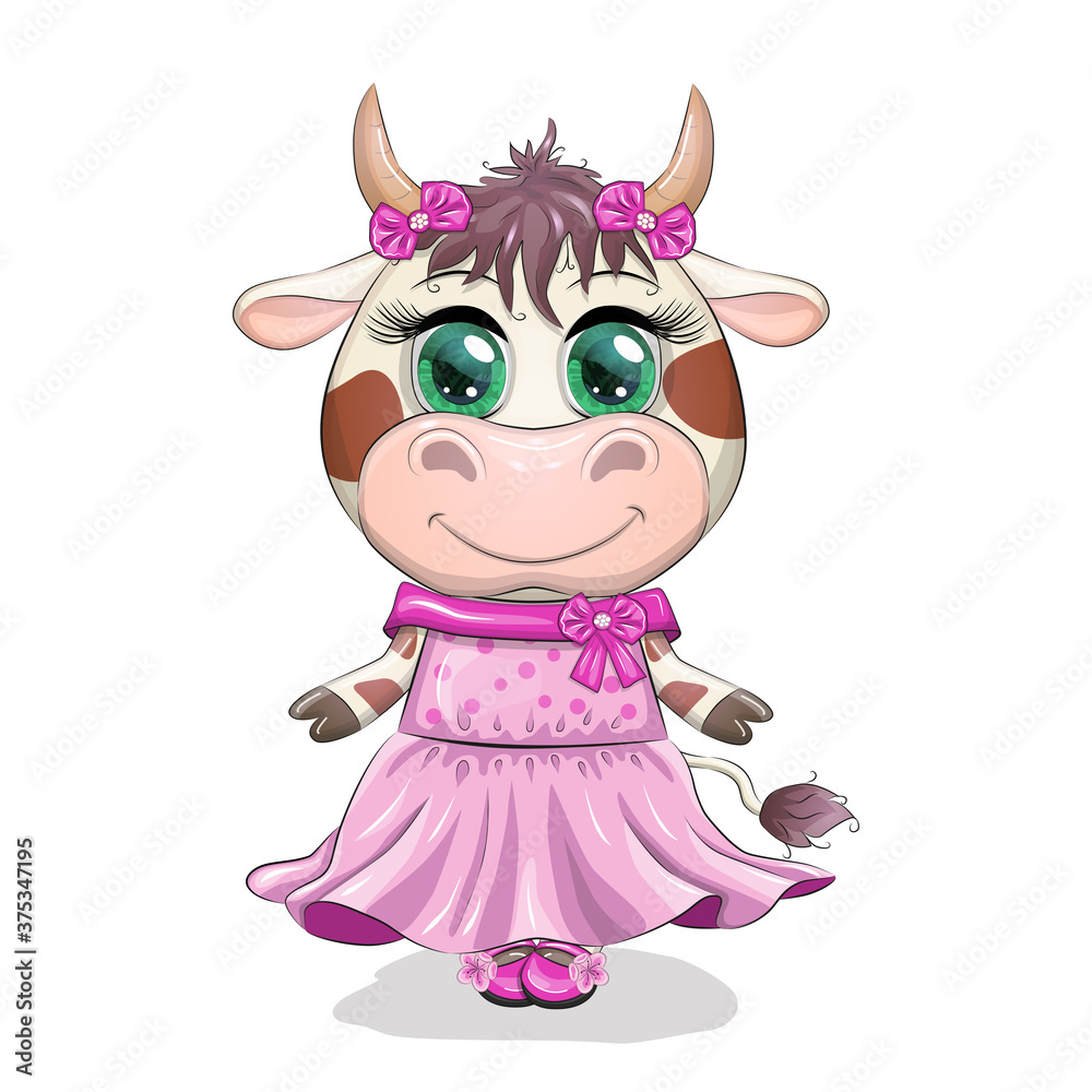 Cute cartoon cow girl with beautiful eyes in a pink dress. Funny cow character Cute cartoon cow girl with beautiful eyes in a pink dress. Funny cow character