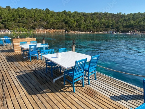 top vew wooden table on the sea