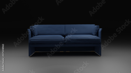 3d render of a realistic blue couch with studio backgroun