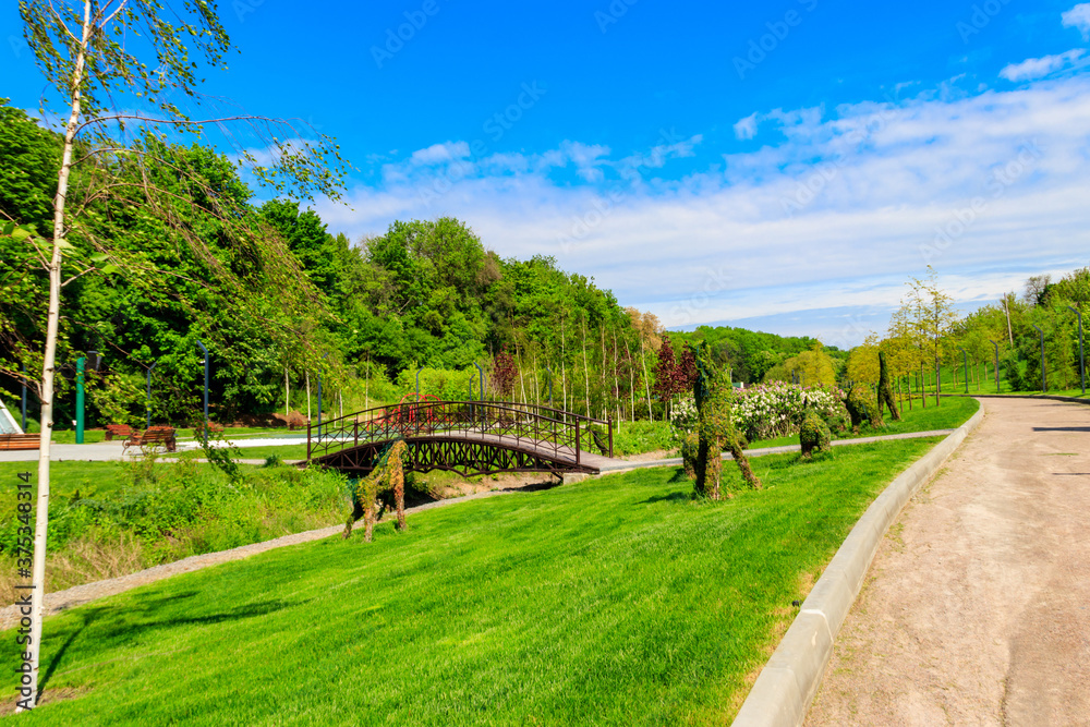 Beautiful view of the city park with arched footbridge across small river and young trees