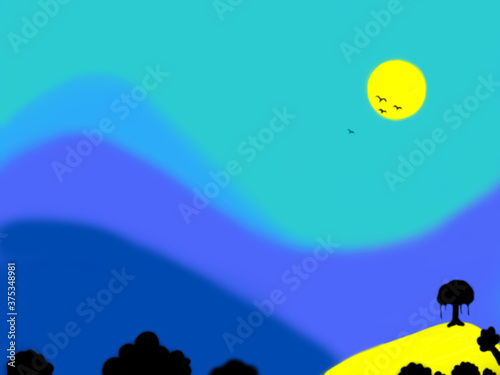 Illustration ecosystem of nature in blue background. Flock of birds flying in silhouette sky.