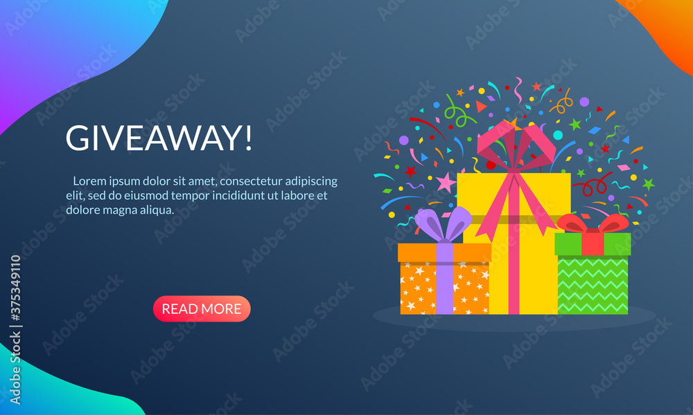 Gift boxes with confetti banner. Giveaway poster for social media. Winner prize or reward design concept. Vector illustration.