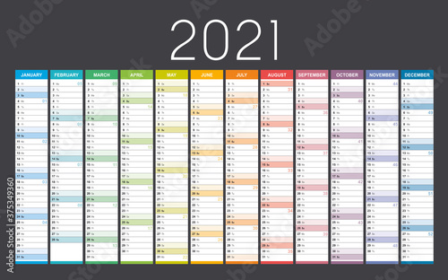 Year 2021 colorful wall calendar, with weeks numbers, on black background. Vector template.