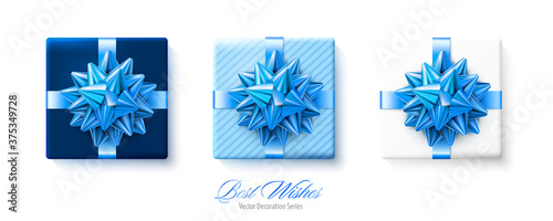 Set of gifts boxes with blue bows and ribbons isolated on white background