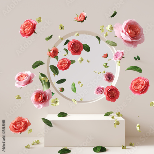 3d rendering scene with podium and flower abstract background. Geometric shape in pastel colors.