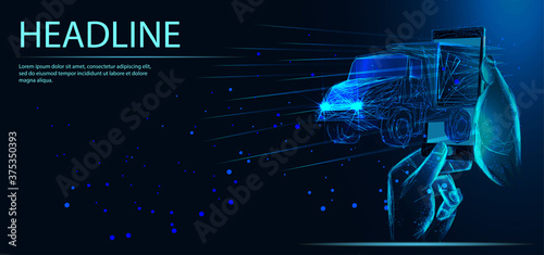 Logistics low poly art illustration. 3d polygonal truck and phone. Online delivery service concept with connected dots and lines. Goods shipment and distribution vector. Headline
