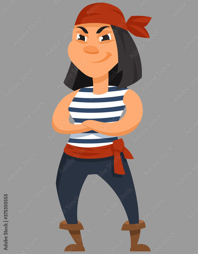 Female pirate with her arms crossed. Smiling character in cartoon style.